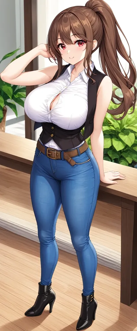 A tall girl, sexy, big breast, beautiful, cute, long brown hair, ponytail, red eye, she wears a white shirt under a short sleeveless black vest and blue jeans, a brown belt, a black heel. 