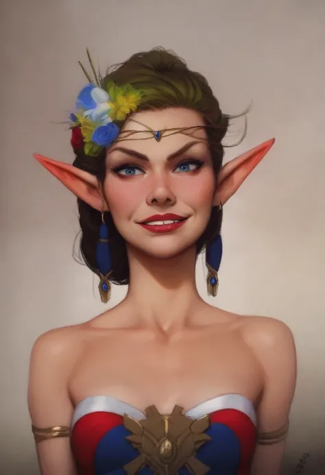 ((masterpiece, best quality)), 1 female elf smirks, detailed face, lipstick, upper body: bare shoulders, skinny 