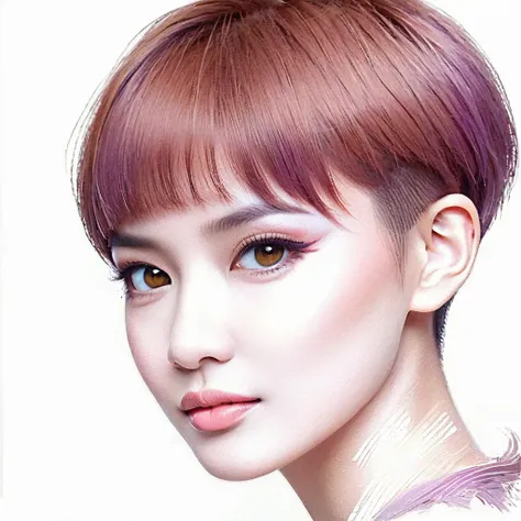  masterpiece, realistic, highly detailed, beautiful, a cute young indonesian woman, sleek straight hair, short bowcut haircut with undercut, purpled salmon haircolor, light makeup, brown eyes. detailed on the face and eye.  elegant pose. charming and calmi...