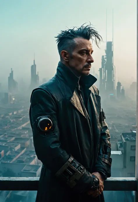 Abstract colors, texture, Film Grain, Skin pores: 0.Intricate and dramatic portrait of one handsome cyberpunk sci-fi scientist blown by the wind standing on a balcony overlooking a futuristic city (Solarpunk) 1.2, Foggy Morning, Film frame for still film, ...