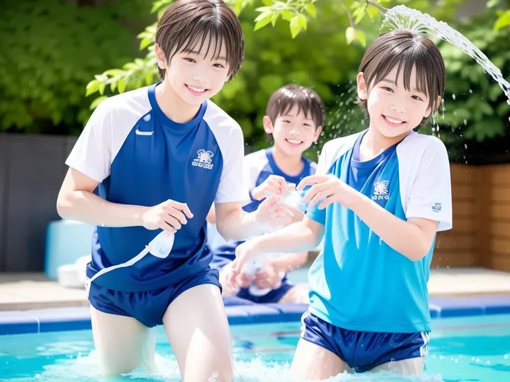 hot summer、primary school、Summer swimming pool、It is sunny、Pouring water on each other、Audible laughter、A lot of boys、Get wet all over、Japan Boy、Glowing water splashes、Pool lessons、Boy playing in water、The happy boys、Strong sunlight、Short sleeve gym unifor...