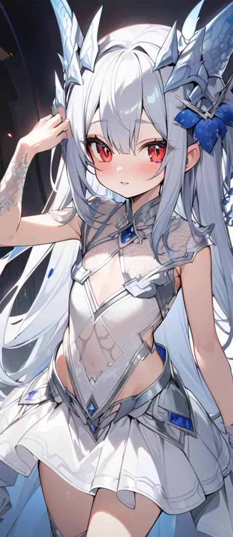 Silver Dragon Princess Character Design, woman, Silver long hair, Wearing a white lace sexy skirt, Red Eyes, Small Frame, Very thin, detailed, best quality，Loli