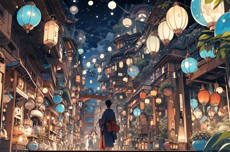 Depicting the end of the Japanese summer festival、A quiet and slightly lonely scene。Capturing a quiet moment after the festival。A few remaining lanterns cast a warm light in the night sky.。The overall atmosphere is quiet and a little lonely.、Evokes the bit...