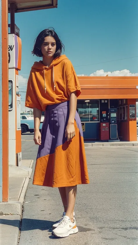 long shot portrait of cute 23 yo girl ,wearing ((orange color oversized_hoodie)), wear ((purple tennis skirt)),looking front,Best Quality,Masterpiece,Ultra High Resolution,Original Photo, 1Girl, light leak,ultra high resolution,UHD,beautiful, (black bob ha...