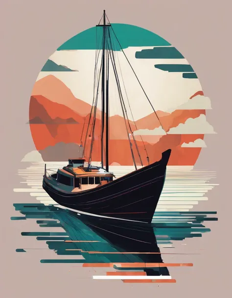 An illustration of Boat, glitch art, minimalism, in the style of modern illustration, earth colors, fantasy 