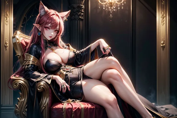 In the dark castle throne room on the huge royal throne in seductive pose siting beatiful demon queen, She have beautiful face with pink eyes rakr eye shadows and dark lipstick sexy make up, golden ring shape earrings on her ponty ears. she have long gorge...