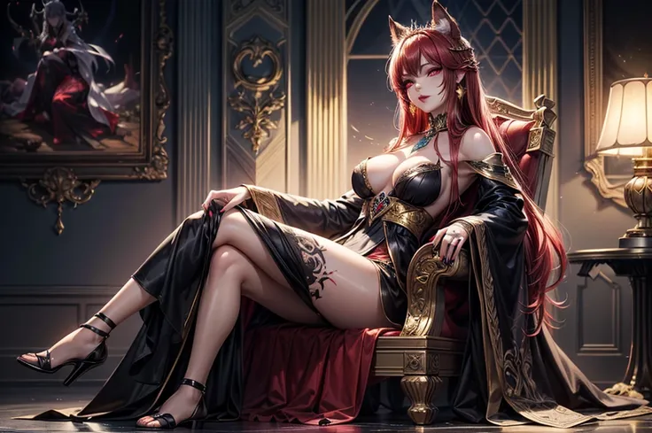 In the dark castle throne room on the huge royal throne in seductive pose siting beatiful demon queen, She have beautiful face with pink eyes rakr eye shadows and dark lipstick sexy make up, golden ring shape earrings on her ponty ears. she have long gorge...