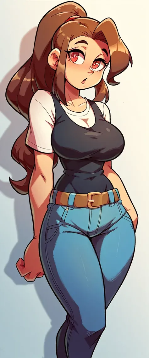 A tall girl, sexy, big breast, beautiful, cute, long brown hair, ponytail, red eye, she wears a white shirt under a short sleeveless black vest and blue jeans, a brown belt, a black heel. 