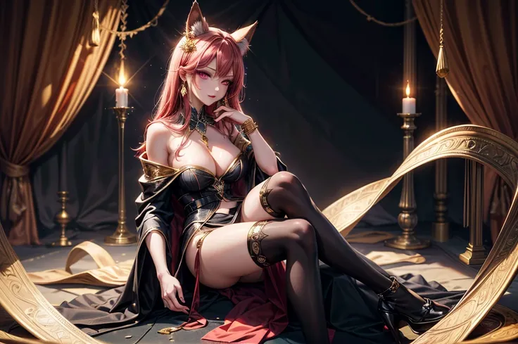 In the dark castle throne room on the huge royal throne in seductive pose siting beatiful demon queen, She have beautiful face with pink eyes rakr eye shadows and dark lipstick sexy make up, golden ring shape earrings on her ponty ears. she have long gorge...