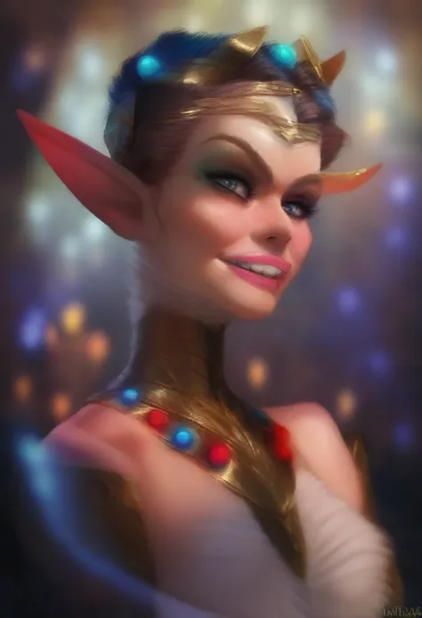 ((masterpiece, best quality)), 1 female elf smirks, detailed face, lipstick, upper body: bare shoulders, skinny