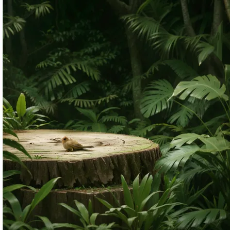 there is a bird that is sitting on a tree stump, natural realistic render, in the Tropical tree, jungle environment, Tropical tree, jungle background, located in a dense forest, forest background, tree stump, ancient wooden environment, Forest environment,...