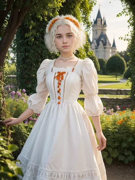 A young girl of 20 years, with , He has short, curly white hair.. she is very pretty, with Slavic skin and freckles, and is wearing a short orange princess dress from the Victorian era. It is located in the garden of a castle,