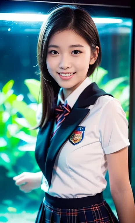 (1 youthful eurasian lady, early 20s, at an Aquarium, (((full bodyesbian))), ((Girls High School Uniforms)), short_bob_hair_ponytail, Dimples, Friendly & Kind smile, snaggle-tooth, realistic skin textures, healthy body proportion, hyper-realism, photoreali...