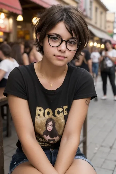 rough raw street photography, Simple pure earthy young round-faced woman, black punk t-shirt, very tousled dark brown tousled short hair, Glasses, golden brown eyes, sitting in a busy, crowded street eatery, снято на Canon EOS 5D Mark IV 