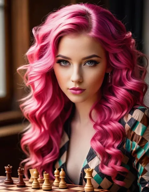 Very attractive 25 year old female with long wavy bright pink hair, woodfigurez, chessboard, amazing looking wooden queen in focus, upper body, artistic style 