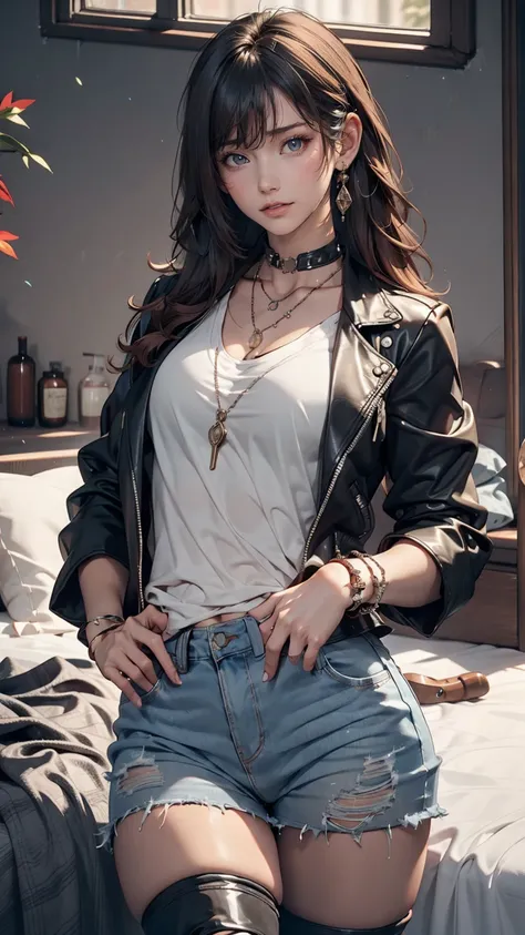 Mouth, A girl, Solitary, In a messy room, Guitar, 、Spiked collar、24 years old white female、Sexy proportions、Punk rock fashion、Black shirt、leather jacket、Leather shin guards、Gorgeous makeup、Long hair、Rosary Necklace、Rosary Earrings、Wear the spiked bracelet ...