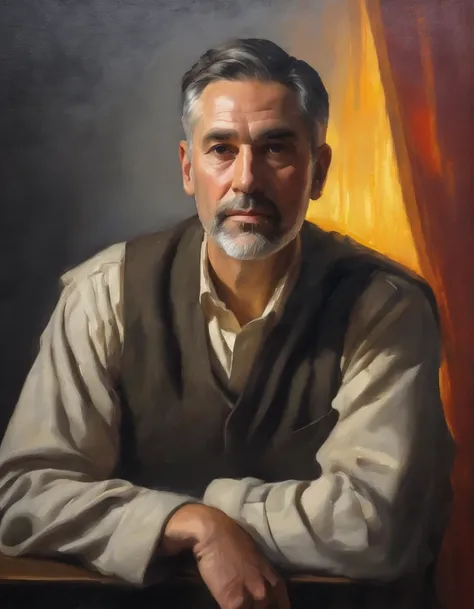 Oil painting of Man in the style of Classic Masters of painting, grey background, spot light, warm atmosphere, vibrant color palette 