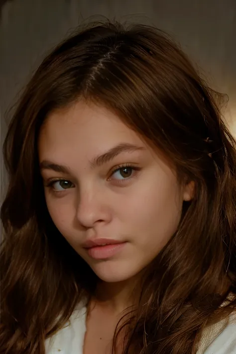 portrait of thylane, brown hair, close up portrait, touching her lips, dark room, low key light