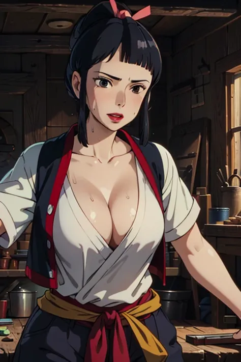 masterpiece, Highest quality,  Unreal Engine,  Super Resolution,  Very detailed, 

One Woman, Lady Eboshi from Princess Mononoke, Cleavage, Physical Beauty, (Muscular:0.8), (Big Breasts), bold, Lips parted,  Observe the audience, 

In a dynamic pose,  Cowb...