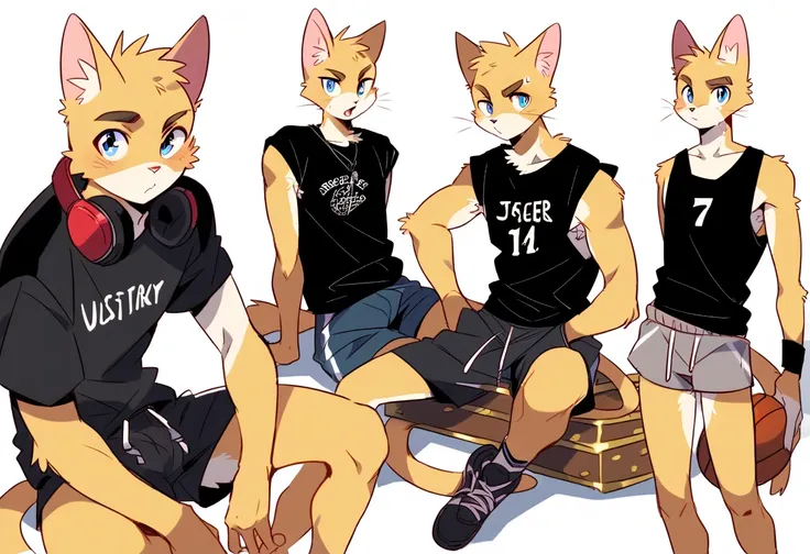 score_9, score_8_up, score_7_up, male, furry, high quality, hires, anthro, teenager, 16 years old, domestic cat, basketball player, bright yellow fur, blue eyes, wide brown eyebrows, confidant expression, humanoid feet, slim body, prominent v-line, promine...