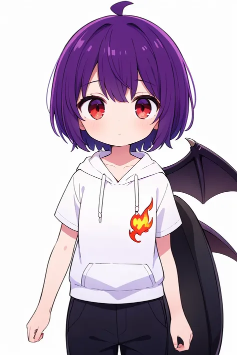 ((masterpiece, Highest quality, Very detailed)), Ahoge, Purple Hair, short hair, Red eyes, flame in one hand, Bat Wings, Indigo short sleeve hoodie, Black trousers, boy, Mini character, Character portrait, solo, White background