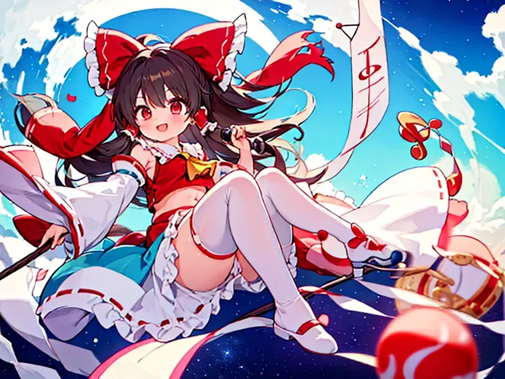 anatomically correct, high quality, 8k,cute girl,reimu,full body,colorful staff notation,colorful musical note, fine sky background,smile