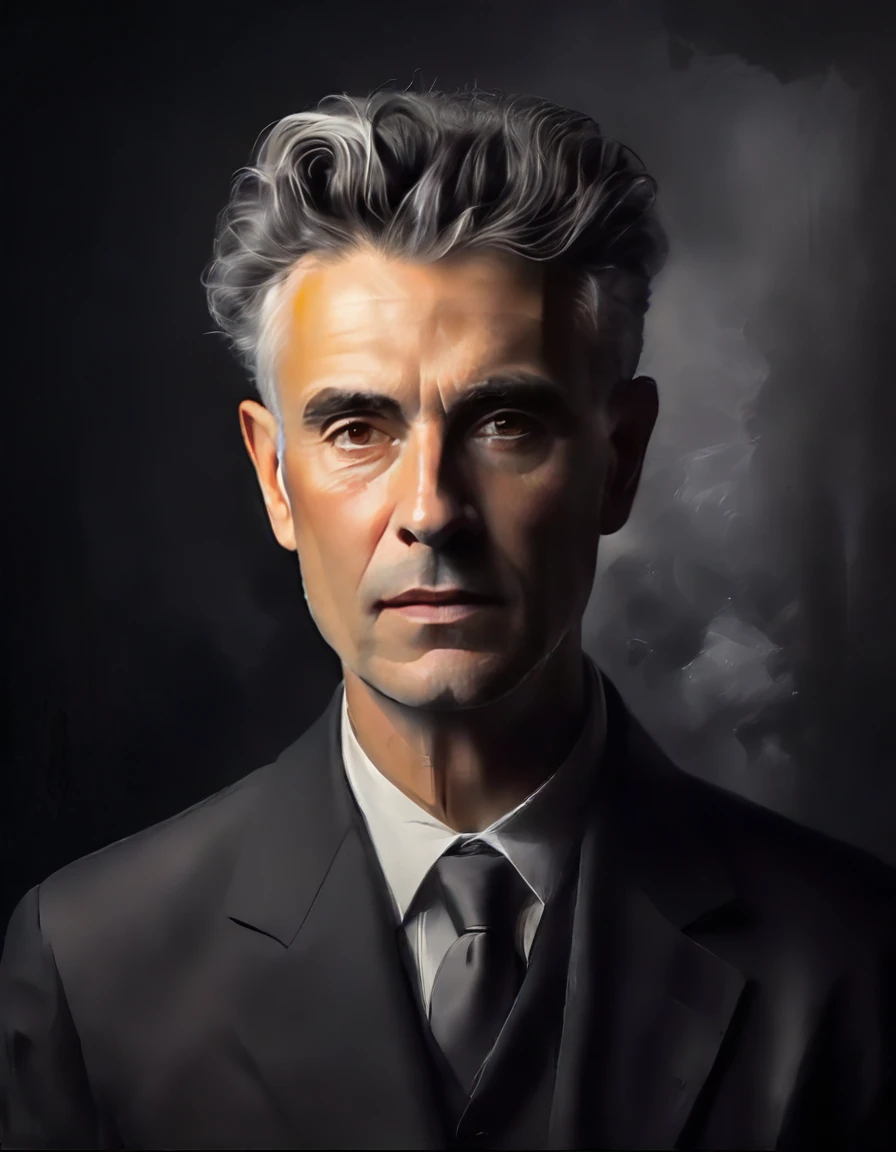 Oil painting of Man in the style of Classic Masters of painting, grey background, spot light, warm atmosphere, vibrant color palette
