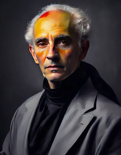 Oil painting of Man in the style of Classic Masters of painting, grey background, spot light, warm atmosphere, vibrant color palette
