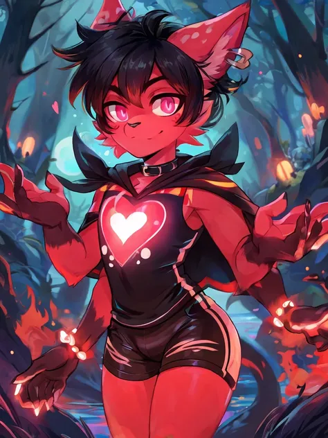 (furry:1.5), rabbit male, pink eyes, red skin, black hair, black short hair ponytail, purple earring, female appearance, black hand,black feet, bare feet, glowing Heart-shaped mark on chest, (ultra detailed), shy, soft, (detailed fur:1.2), beautiful lights...