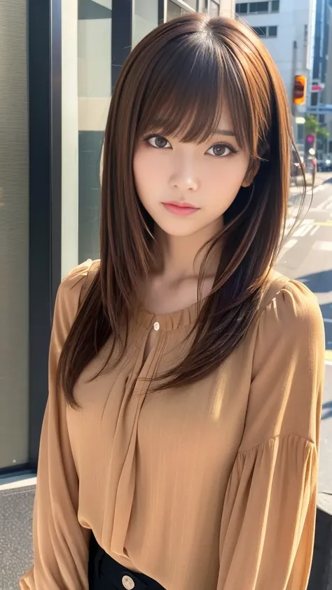 Ultra High Definition, Superior Quality, Premier Quality, ultra detailed, Photorealistic, 8k, RAW Photos, highest quality, masterpiece, Attractive girl, Stunning girl, Brown Hair, Shoulder Length Layered, asymmetrical bangs, Japanese Idol, Sophisticated, S...