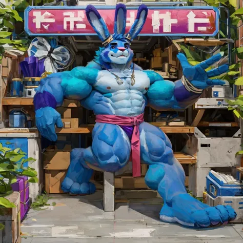 a purple colored fur, muscular anthropomorphic rabbit, himbo body, high quality furry art.