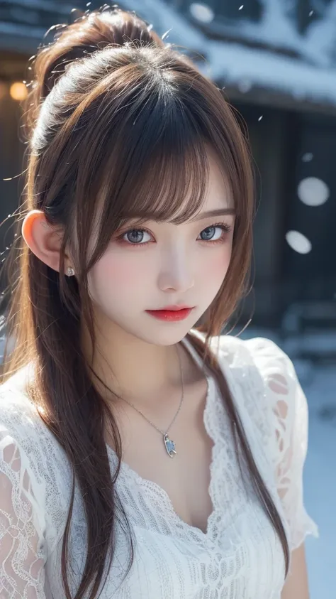 {{masterpiece}},best quality,highly detailed,extremely detailed CG unity 8k wallpaper,illustraction, 1girl, red eyes, wavy silver hair, pointy ears, vampire, dress, necklace, hair flower, snow, ice, full body, shot,high close up, highly detailed,center fra...