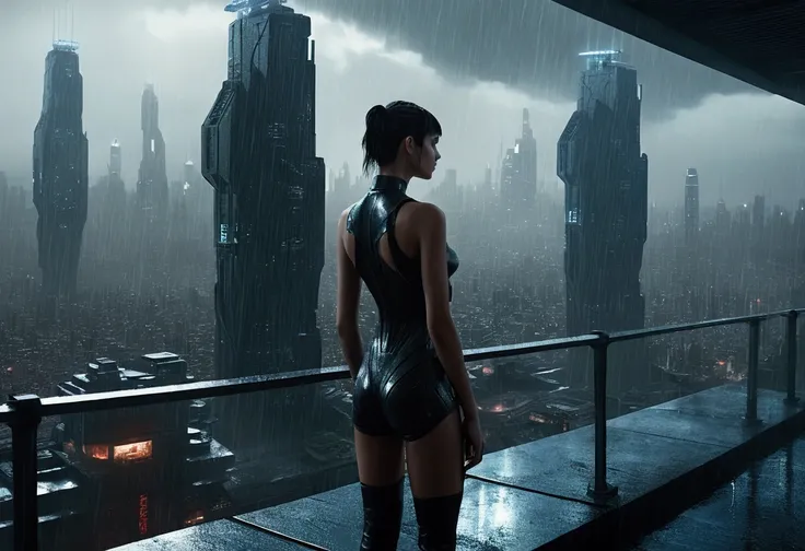 A realistic image of a futuristic city inspired by the movie "Blade Runner", with a andoroid ((girl)) standing on the terrace of a skyscraper overlooking the city. It is raining and the scene has a 16:9 aspect ratio (please include the terrace roof)), seen...