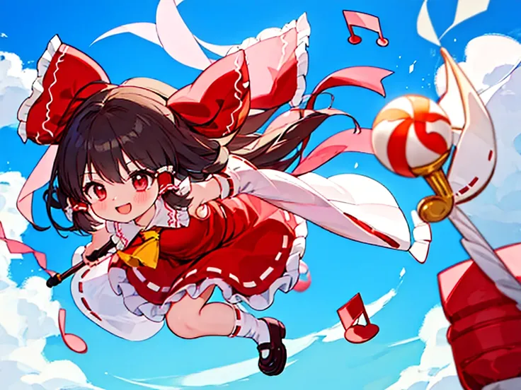 anatomically correct, high quality, 8k,cute girl,reimu,full body,colorful staff notation,colorful musical note, fine blue sky background,smile