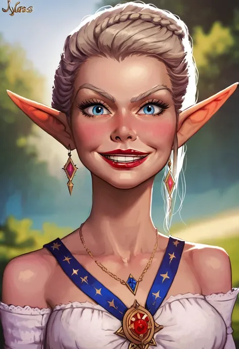 ((masterpiece, best quality)), 1 female elf smirks, detailed face, lipstick, upper body: bare shoulders, skinny 