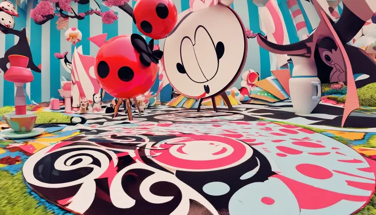 conceptual installation cute pop art, 2.5D, delicate and dynamic, style that combines Disney, Grimm, Aesop and Andersen, Wonderland, Mysterious  Island