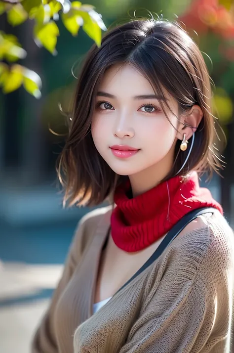 (RAW shooting), (((Overall image)))、３５age、((Red sweater with high neck))、White scarf around neck、Long thin earrings、Round eyes、Cheek on ear、correct、make、smile、Biting the lower lip、（((Close one eye and wink)))、Soft lips、誘惑的なsmile、Sparkle、Darker lipstick、Che...