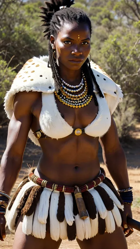 A Zulu warrior with traditional attire, a spear, and a cowhide shield, making eye contact with strength.