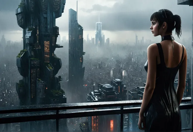 A realistic image of a futuristic city inspired by the movie "Blade Runner", with a andoroid ((beautiful young girl)) standing on the terrace of a skyscraper overlooking the city. It is raining and the scene has a 16:9 aspect ratio (please include the terr...