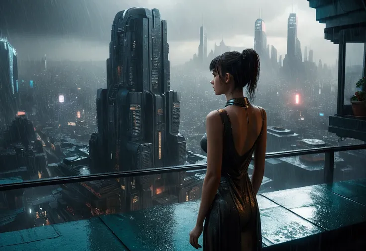 A realistic image of a futuristic city inspired by the movie "Blade Runner", with a andoroid ((beautiful young girl)) standing on the terrace of a skyscraper overlooking the city. It is raining and the scene has a 16:9 aspect ratio (please include the terr...