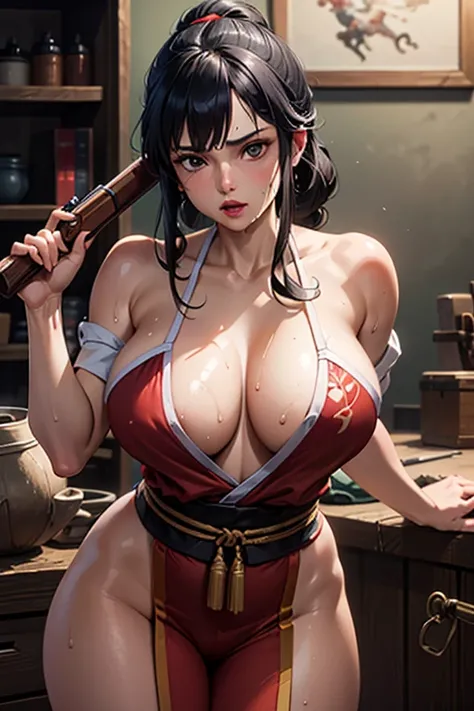 masterpiece, Highest quality,  Unreal Engine,  Super Resolution,  Very detailed, 

One Woman, Lady Eboshi from Princess Mononoke, Cleavage, Physical Beauty, (Muscular:0.8), (Big Breasts), bold, Lips parted,  Observe the audience, 

In a dynamic pose,  Cowb...