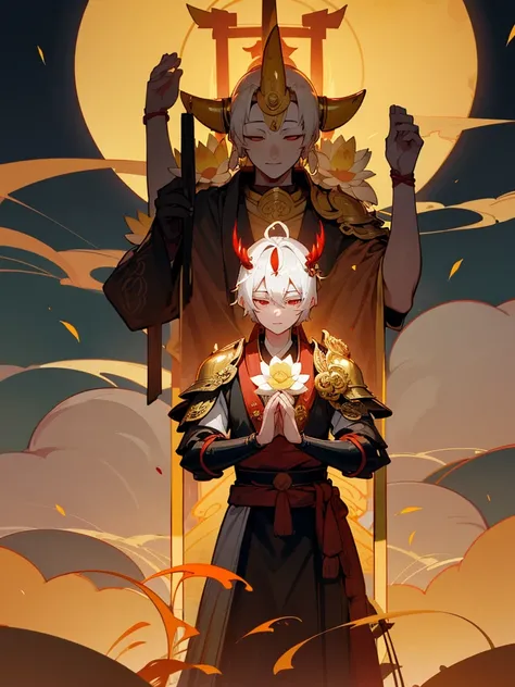 Kannon Bodhisattva,Burning Eyes, horn, white short hair, black armor, torii, man, full moon, hands together in prayer, Zen meditation Golden guardian dog iPhone  Lotus flower field Paradise 機械