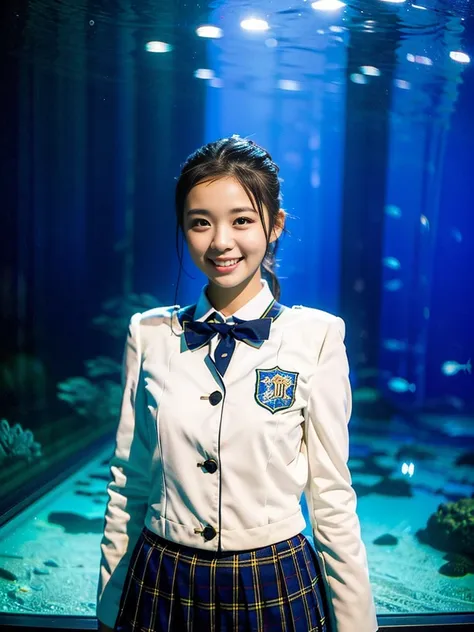 (1 youthful eurasian lady, early 20s, at an aquarium, (((full bodyesbian))), ((girls' high school uniforms)), short_bob_hair_pon...