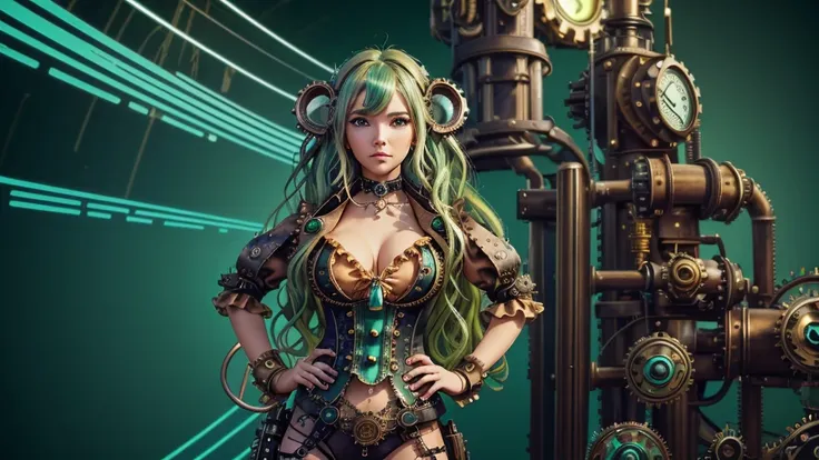 ((live 2D))  masterpiece, 1girl, upper body, steampunk swimsuit clothes, looking at viewer, detailed face, girl with green wavy hair, bangs, metal sheep horns, gradient hair, multicolored hair, light green hair, turquoise hair tips, wavy hair, gradient eye...