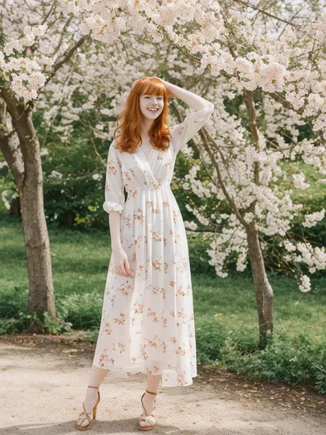 her name is Anna Maria Schmidt, high quality, ((white pale skin)), 1girl, ((20-year-old fit Caucasian woman)), ((20 years old)), ((fit)), ((ginger hair with bangs)), pose: standing, wearing stylish printed maxi dress, BACKGROUND: flowering trees for a fres...