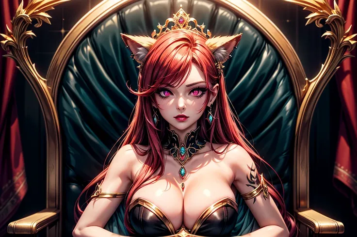 In the dark castle throne room on the huge royal throne in seductive pose siting beatiful demon queen, She have beautiful face with pink eyes rakr eye shadows and dark lipstick sexy make up, golden ring shape earrings on her ponty ears. she have long gorge...