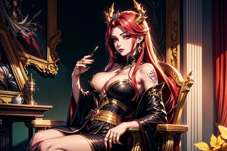 In the dark castle throne room on the huge royal throne in seductive pose siting beatiful demon queen, She have beautiful face with pink eyes rakr eye shadows and dark lipstick sexy make up, golden ring shape earrings on her ponty ears. she have long gorge...