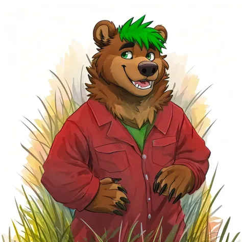 a caramel-brown colored fur anthropomorphic, muscular grizzly bear, dressed with a red colored jacket, green eyes, himbo body, g...