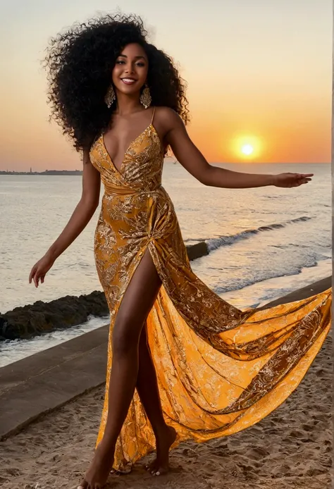 stunning latin influencer. She&#39;s in Paris at the Efail Tower , at beach, watching the sunset, wearing a long dress that reaches the hem of the legs. She&#39;s a black woman with a radiant smile, curly, curly hair that frames your face. Your body is sho...