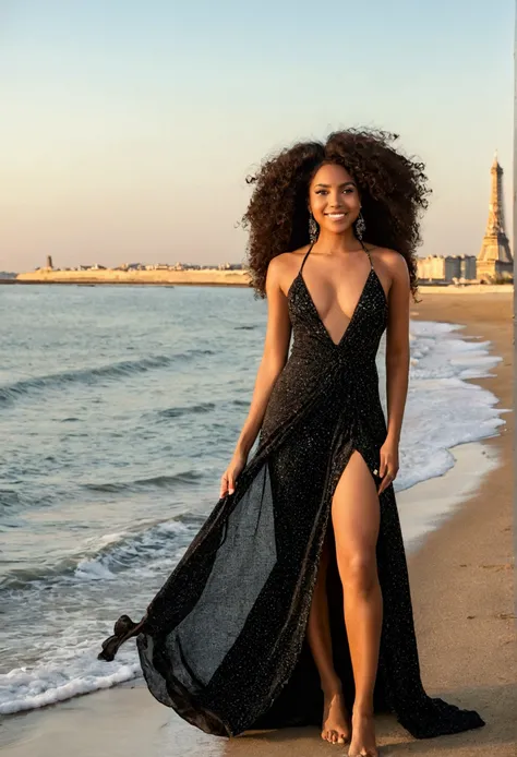 stunning latin influencer. She&#39;s in Paris at the Efail Tower , at beach, watching the sunset, wearing a long dress that reaches the hem of the legs. She&#39;s a black woman with a radiant smile, curly, curly hair that frames your face. Your body is sho...